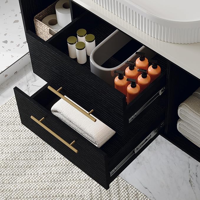 40 inch Modern Floating Bathroom Vanity with Counter Top Sink Combo, Wall Mounted Bathroom Cabinet with Oval Ceramic Sink, 2 Soft Closing Drawers & Open Storage Shelf, Black