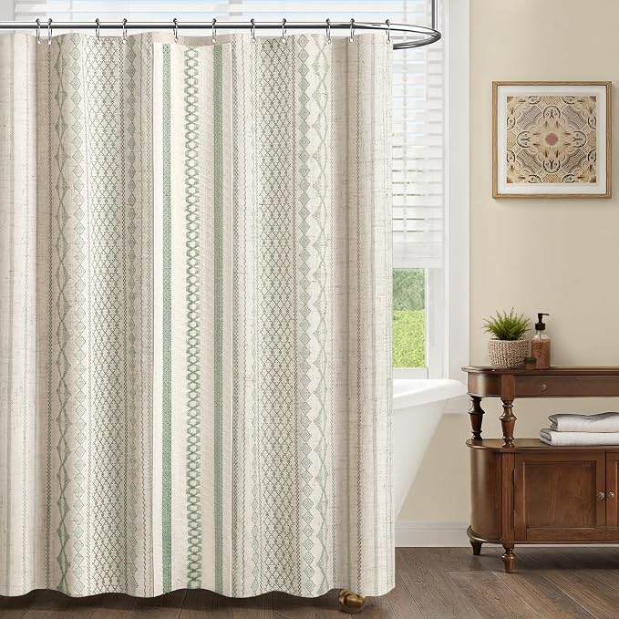 Sage Green Boho Linen Shower Curtain,72" W x 78" L | Linen Striped Print and Twine-Inspired Woven Center for Bathroom