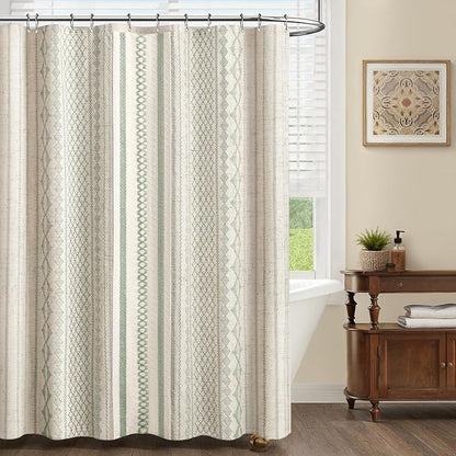 Sage Green Boho Linen Shower Curtain,72" W x 78" L | Linen Striped Print and Twine-Inspired Woven Center for Bathroom