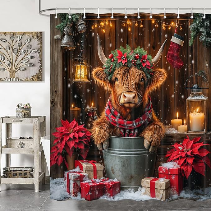 Christmas Highland Cow Shower Curtain, Winter Funny Cow Rustic Western Farmhouse Brown Wood Board Shower Curtain Set Bathroom, Xmas Snowflake Holiday Fabric Bath Decor with Hooks 70X70IN