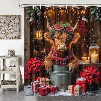 Christmas Highland Cow Shower Curtain, Winter Funny Cow Rustic Western Farmhouse Brown Wood Board Shower Curtain Set Bathroom, Xmas Snowflake Holiday Fabric Bath Decor with Hooks 70X70IN