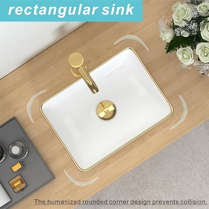 J-FAMILY 14.5'' x 10.6'' Small Vessel Sink Bathroom Above Counter White Porcelain Ceramic Rectangular Sink Bowl Gold Trim Decoration Small Vanity Sink Lavatory Wash Basin