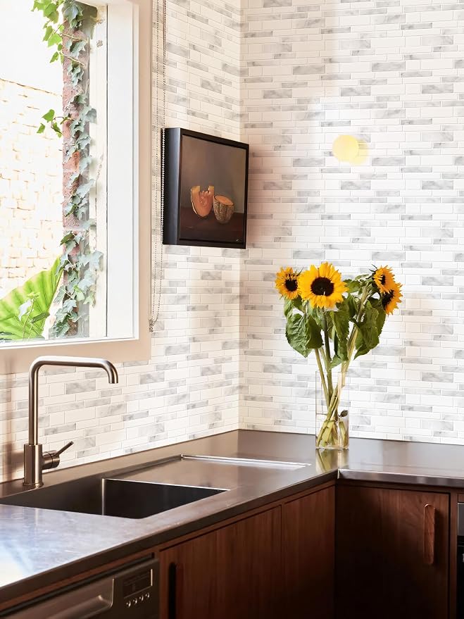 10 Sheets Peel and Stick Backsplash, 12"x12" Peel and Stick Tiles, Marble Look Wall Tiles Backsplash for Kitchen and Bathroom, Livingroom,White and Gray