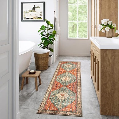 Lahome Felice Boho Tribal 2x8 Washable Kitchen Runner Rug, Soft Rug Runners for Hallways Non Slip, Vintage Oriental Indoor Throw Bathroom Carpet Runner for Entryway Bedroom (Rust/Dull Teal,2x8ft)
