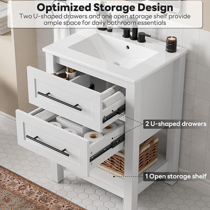 LIKIMIO 24" Bathroom Vanity with Sink, 2 Drawers & Open Shelf, White | Freestanding Bathroom Vanity, Integrated Ceramic Sink, U-Shaped Drawers, Modern Bathroom Storage Cabinet, Easy Assembly