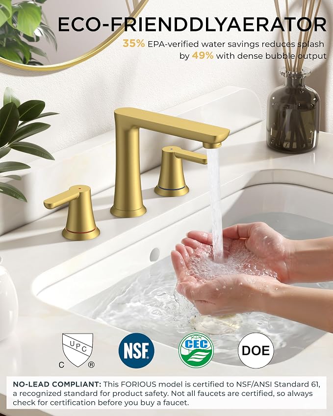 FORIOUS Brushed Gold Bathroom Faucet 3 Hole, Widespread Gold Vanity Faucet | CUPC New Modern Gold Sink Faucet Bathroom 3 Holes, Two Handle Gold Faucet for Bathroom Sink 3 Hole with 1.2GPM Spare Aerator
