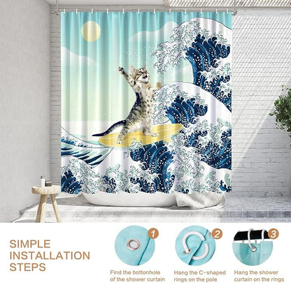 Funny Cat Shower Curtain, Surfer Cat Shower Curtain Battle Blue Ocean Great Wave for Bathroom with 12 Hooks, Polyester Fabric Summer Shower Curtains Set Waterproof Kids Bath ShowerCurtain Decorative
