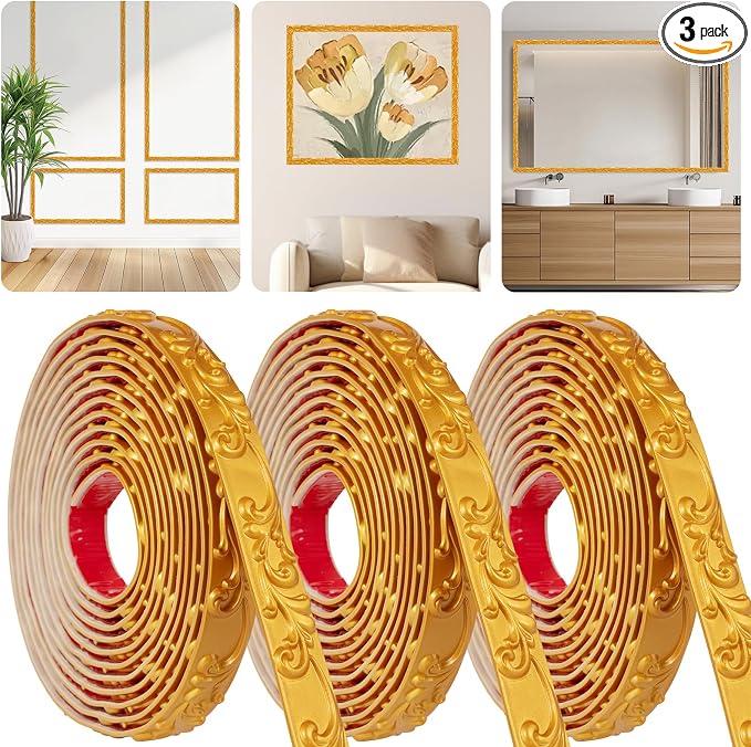 3 Pack 16.4FT Gold Peel and Stick Crown Molding Trim Kit – Self-Adhesive Decorative Trim for Mirror Borders, Doors & Cabinets