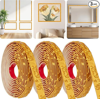 3 Pack 16.4FT Gold Peel and Stick Crown Molding Trim Kit – Self-Adhesive Decorative Trim for Mirror Borders, Doors & Cabinets