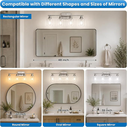 Ascher 4 Light Bathroom Light Fixture, Brushed Nickel Bathroom Lighting Fixtures Over Mirror, Vanity Light with Clear Glass Shade, Wall Sconce for Living Room Bedroom Cabinet, E26 Base