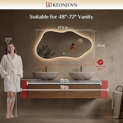 Keonjinn 48 x 24 Inch Asymmetrical Backlit Bathroom Mirror, Tempered Glass | Irregular Cloud Bathroom Mirror with Lights, 3 Color Lights, Dimmable, Fast Defogging, Memory Function, Plug-in/Hardwired