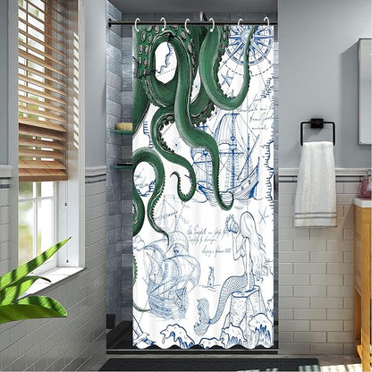 Fungarth Stall Green Nautical Octopus Shower Curtain Navy Blue Mermaid Funny Ocean Kraken Shower Curtains for Bathroom Cool Anchor Coastal Map Waterproof Fabric Bath Curtain Decor (Green, 36” x 72”)