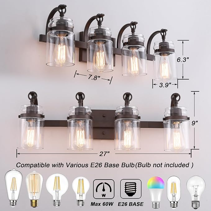 4 Light Bathroom Vanity Light, Oil Rubbed Bronze Bathroom Light Fixtures Over Mirror, Farmhouse Vanity Light with Clear Glass Shade