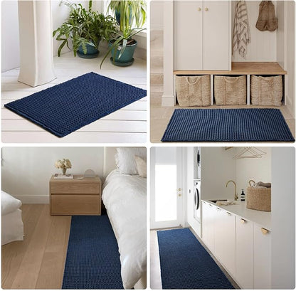 TYUU Waffle Runner Rug Bathroom, Long Boho Bath Mat, 60x24 Navy Blue | Super Absorbent Quick Dry Bath Rug, Non-Slip Backing, Soft Waffle Washable Farmhouse Bathroom Mats, Tub, Shower & Home Decor