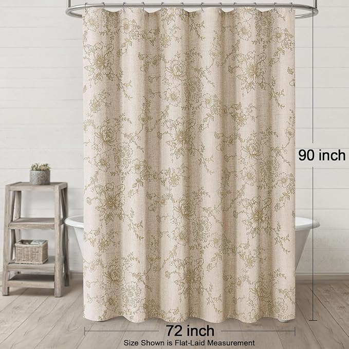 Farmhouse Floral Linen Shower Curtain, Vintage Beige Pattern Rustic Shower Curtains for Bathroom, Tan Taupe,72x90