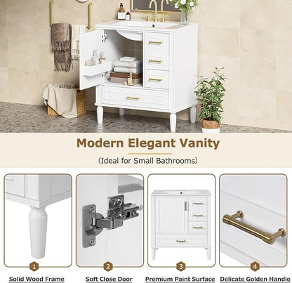 30" Bathroom Vanity with Sink,Free Standing Single Basin Vanity Set w/ 3 Drawers & Soft Closing Door,Solid Wood Frame,Metal Handles,Modern Storage Cabinet for Small Space,White