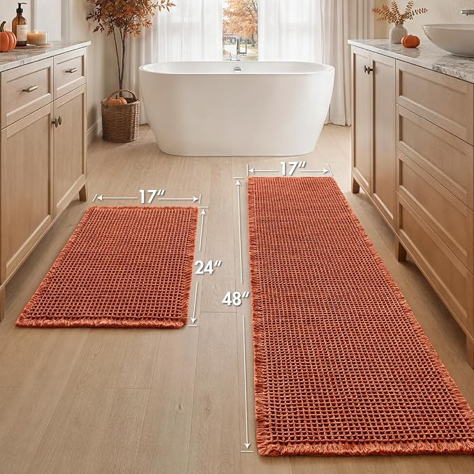 MIULEE Fall Orange Set of 2 Waffle Bathroom Rugs Bath Mat 17"x24"+17"x48" | Non Slip, Super Absorbent, Washable, Ultra Soft, Rubber Backed, Small Boho Bath Rug and Bathroom Runner for Floor Tub Shower