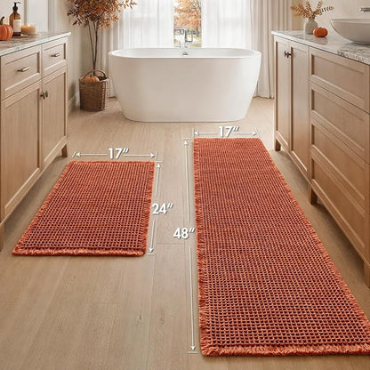 MIULEE Fall Orange Set of 2 Waffle Bathroom Rugs Bath Mat 17"x24"+17"x48" | Non Slip, Super Absorbent, Washable, Ultra Soft, Rubber Backed, Small Boho Bath Rug and Bathroom Runner for Floor Tub Shower