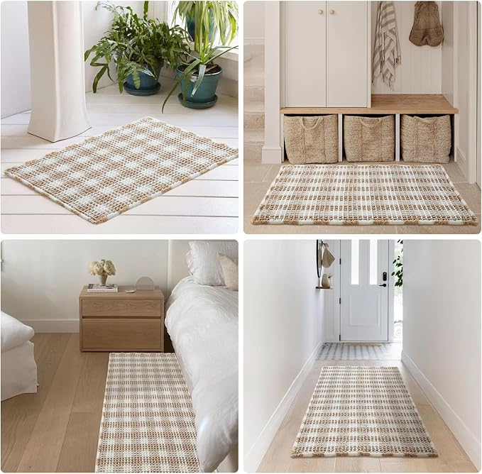 TYUU Waffle Bath Mat, Boho Bathroom Rugs Non Slip, 48x24 Khaki & White | Super Absorbent Quick Dry Bath Rug, Non-Slip Backing, Soft Waffle Washable Farmhouse Bathroom Mats, Tub, Shower & Home Decor