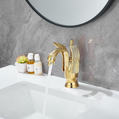 Gold Bathroom Faucet GGStudy Swan Shape Single Handle One Hole Bathroom Vanity Faucet Basin Tap Deck Mount Lavatory
