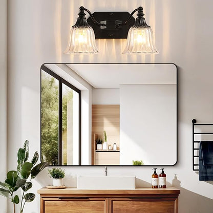 Black Vintage Bathroom Vanity Light Fixture, 2-Light Vanity Light for Bathroom, Antique Matte Black Finish with Crystal Glass Shade, Lighting Fixtures Over Mirror for Bedroom Living Room