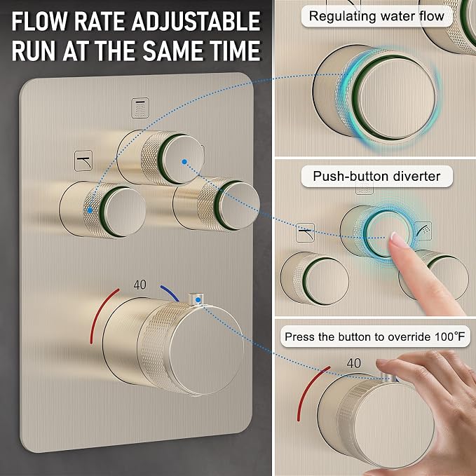 Iriber Thermostatic Shower System with Adjustable Water Flow Push Button Diverter, Square Dual Shower Heads Faucet Set with Handheld Spray, Brushed Nickel Shower Mixer Valve Trim Kit (Valve Included)
