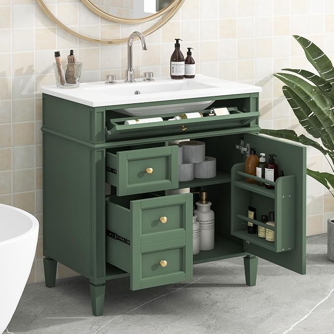 Merax 30 Inch Bathroom Vanity with Ceramic Sink, Solid Wood Frame Modern Bathroom Sink Storage Cabinet with 2 Drawers and a Tip-Out Drawer, Single Sink Bathroom Vanities, Green