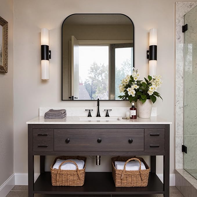 36"x30" Black Metal Framed Bathroom Mirror for Over Sink | Rounded rectangle shape. Shatterproof HD glass, all mounting hardware for bathroom, bedroom, entryway.