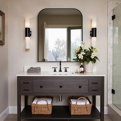 36"x30" Black Metal Framed Bathroom Mirror for Over Sink | Rounded rectangle shape. Shatterproof HD glass, all mounting hardware for bathroom, bedroom, entryway.