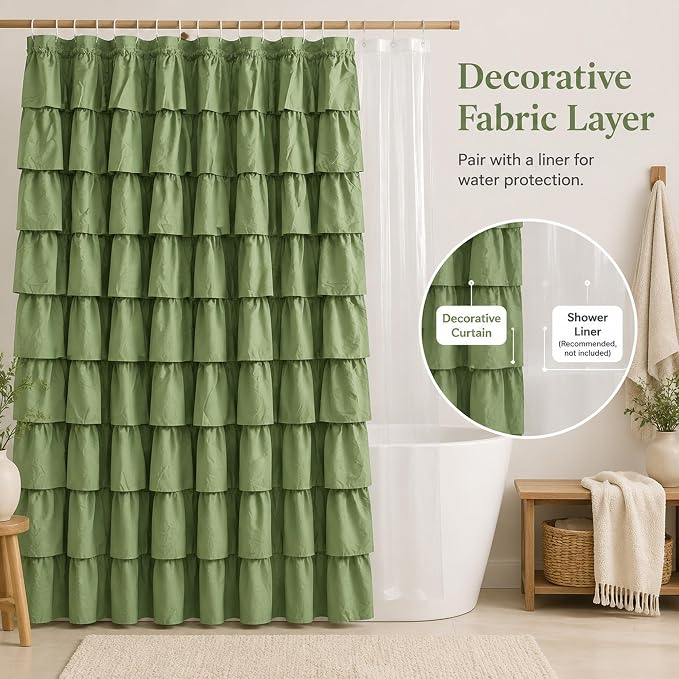 Sage Green Ruffle Shower Curtain for Bathroom, 72x72 inch, 1 Panel | Boho Cottage Chic Style, Soft Microfiber Fabric, Standard-Size Ruffled Curtain, 12 Hooks Included, Machine Washable, Opaque