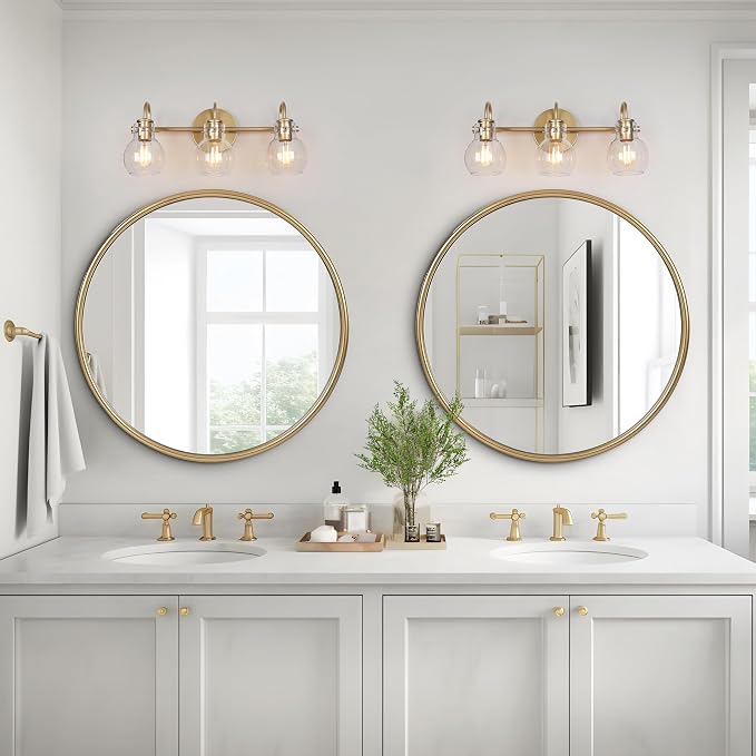 Gold Bathroom Light Fixtures, 22'' Modern Vanity Lights with Clear Glass Globes, 3-Light Bathroom Lighting Over Mirror
