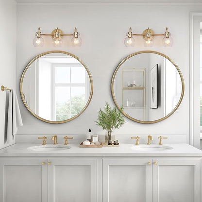 Gold Bathroom Light Fixtures, 22'' Modern Vanity Lights with Clear Glass Globes, 3-Light Bathroom Lighting Over Mirror