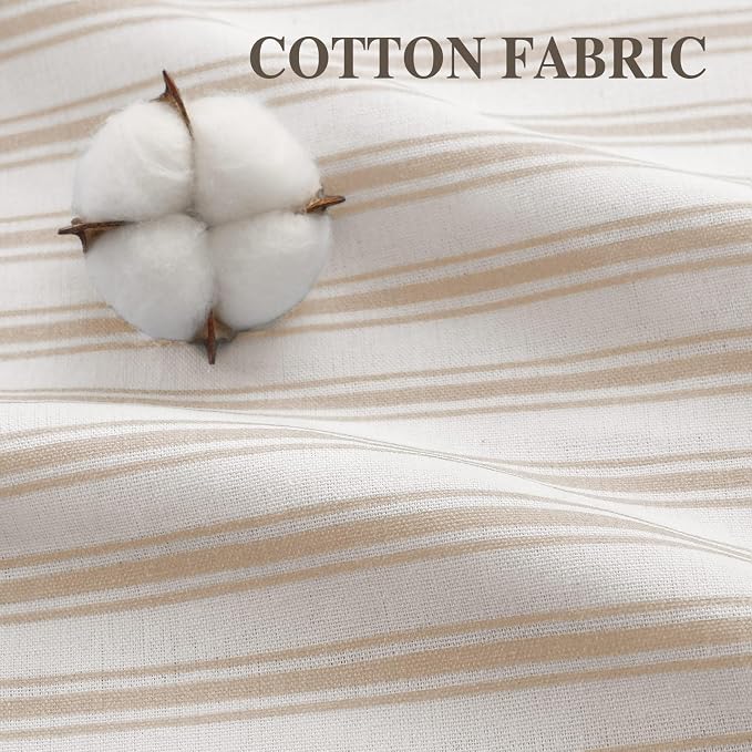 Farmhouse Shower Curtain Ruffle Linen White-Beige Stripe 72"W x 72"L | Farmhouse Boho, Striped, Bottom Ruffle, Cotton Fabric, Rustic, Country, Natural Look, Washable, for Bathroom Bathtub