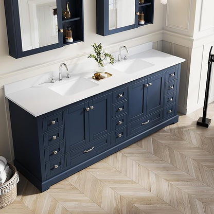WELLFOR 84 Inch Bathroom Vanity with Double Sinks, Bathroom Freestanding Vanity W/4 Soft-Close Doors and 14 Drawers, Large Storage Space Vanity, Cultured Marble Countertop Vanities (Navy Blue)
