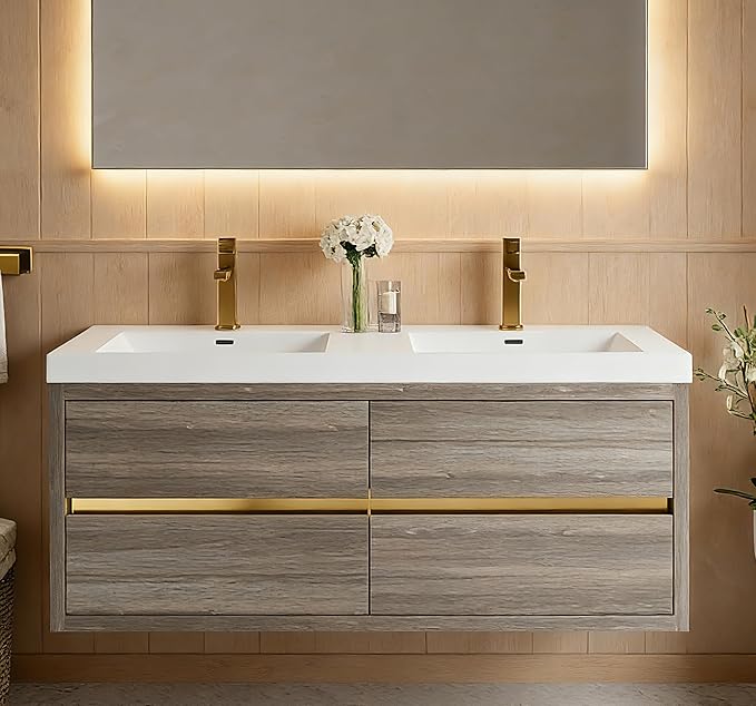60" Wall-Mounted Bathroom Vanity, Double Sink Floating Cabinet with Stone Resin Countertop & Soft-Close Drawers, Modern Floating Storage Solution,Ash Grey