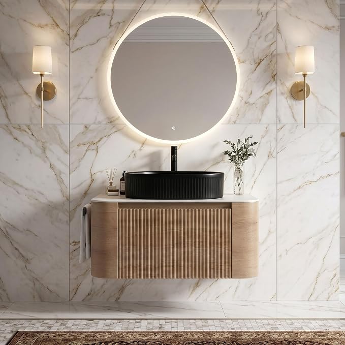 30" Preassembled Floating Bathroom Vanity with Black Sink, Oak | Mid-Century Modern Style, Fluted & Soft-Close Drawer with U-shaped Wall, Sinterted Stone Countertop, Towel Rack Included