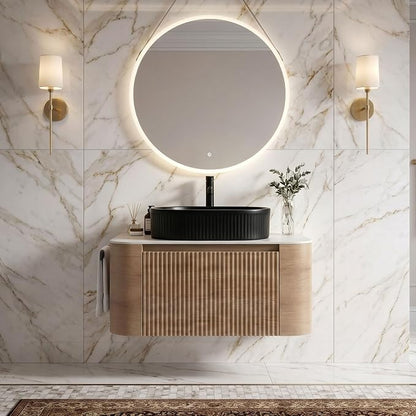 30" Preassembled Floating Bathroom Vanity with Black Sink, Oak | Mid-Century Modern Style, Fluted & Soft-Close Drawer with U-shaped Wall, Sinterted Stone Countertop, Towel Rack Included