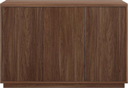Henn&Hart 47.5'' Fluted Sideboard Buffet Cabinet, Ribbed Modern Wooden Credenza with 3 Doors, Adjustable Shelves, and Cable Management Cut-Outs for Dining Room, Kitchen or Living Room, Satin Walnut