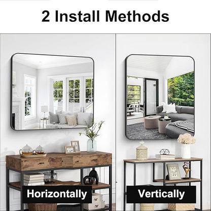 Bathroom Mirror, 36 x 30 inch Metal Framed Black Rectangle Mirror, Rounded Corner Rectangular Vanity Mirror, Wall Mounted Mirror for Modern Bedroom Living Room Hangs Horizontal or Vertical