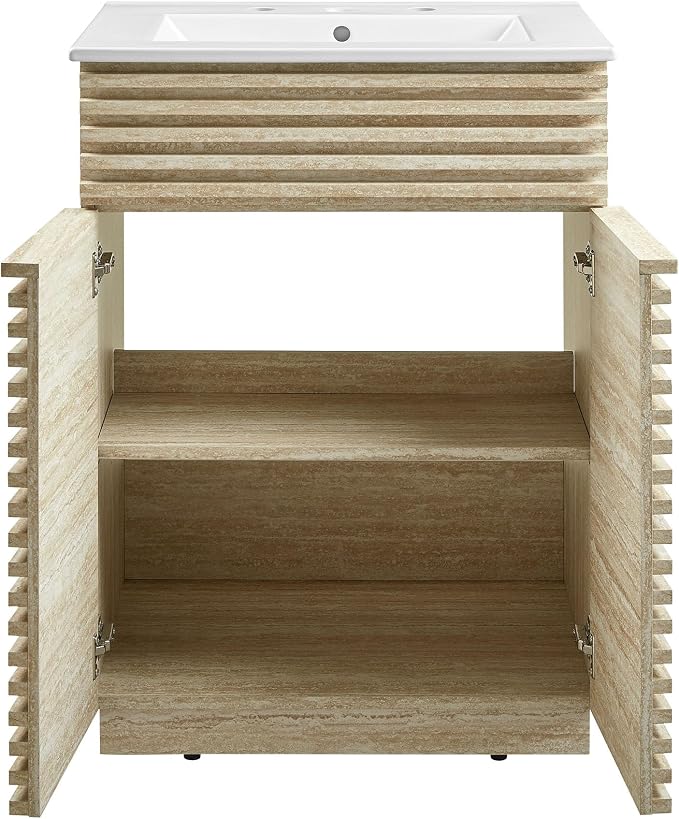 Modway Render Faux Travertine Slatted 24 Inch Bathroom Vanity in White with Sink Combo - Mid-Century Modern Single Sink Bathroom Vanity - Vanity Cabinet with Soft-Close Doors