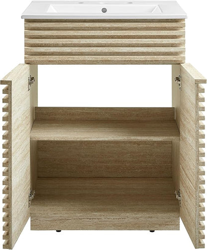 Modway Render Faux Travertine Slatted 24 Inch Bathroom Vanity in White with Sink Combo - Mid-Century Modern Single Sink Bathroom Vanity - Vanity Cabinet with Soft-Close Doors