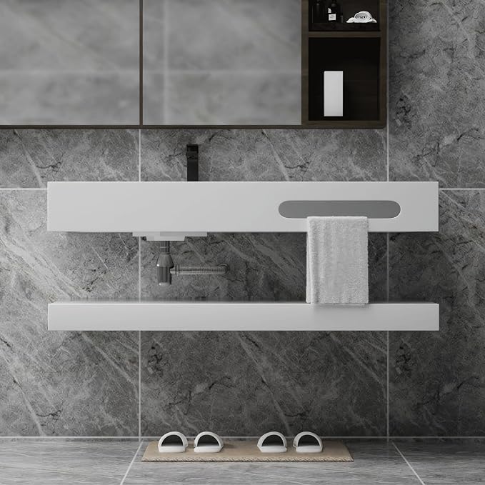 Wall-Mounted Resin Stone 40" Bathroom Sink, Seamless Integrated Vessel Sink with Sloped Design & Open Storage Shelf, Modern Floating Vanity for Bathrooms & Outdoor Spaces