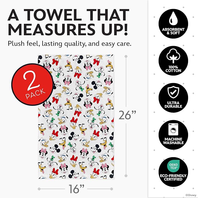 Disney Mickey & Friends Cotton Kitchen Towels, 2-Pack 16"x26", Absorbent | Durable, colorfast dish towels resist fraying, machine washable, dries dishes, hangs on oven handles, great for gifting