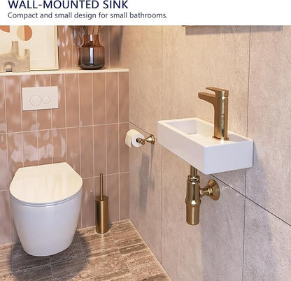 DeerValley DV-1V081RA Wall Mount Sink, Mini Rectangle Bathroom Sink, Small Bathroom Cloakroom White Ceramic Wash Basin without Overflow(Right Hand)