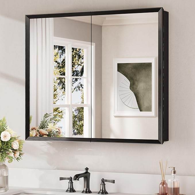 Keonjinn Medicine Cabinet Mirror 30" x 26", Assembly Needed, Black Bathroom Mirror with Storage, Beveled Aluminum Frame, Stepless Adjustable Shelves, Surface Mount or in Wall