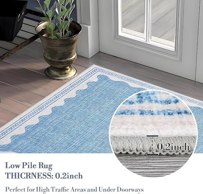 Garvee Entryway Rug 3x5 Washable Bordered Modern Rug Foldable Low Pile Blue | Stain-Resistant Carpet Ultra Soft Non Slip Lightweight Rugs Indoor Non-Shedding Mat for Kitchen Bedroom Nursery Entrance