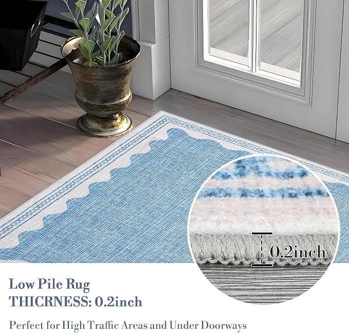 Garvee Washable Hallway Runner Rug 2x6 Runner Rug Bordered Wave Print Blue | Non Slip Entryway Rugs Foldable Non-Shedding Carpet Low Pile Stain-Resistant Indoor Soft Rugs for Laundry Kitchen Bathroom