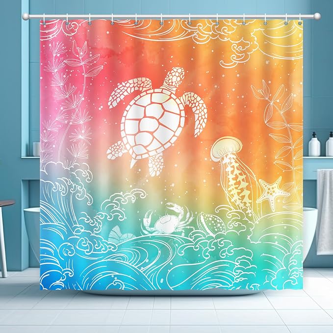 Beach Ocean Shower Curtain, Sea Turtle Drift bottle Summer Shower Curtain | Beach Shower Curtain for Bathroom Waterproof Polyester Fabric Machine Washable Home Farmhouse Decor Bath Curtains 72x72