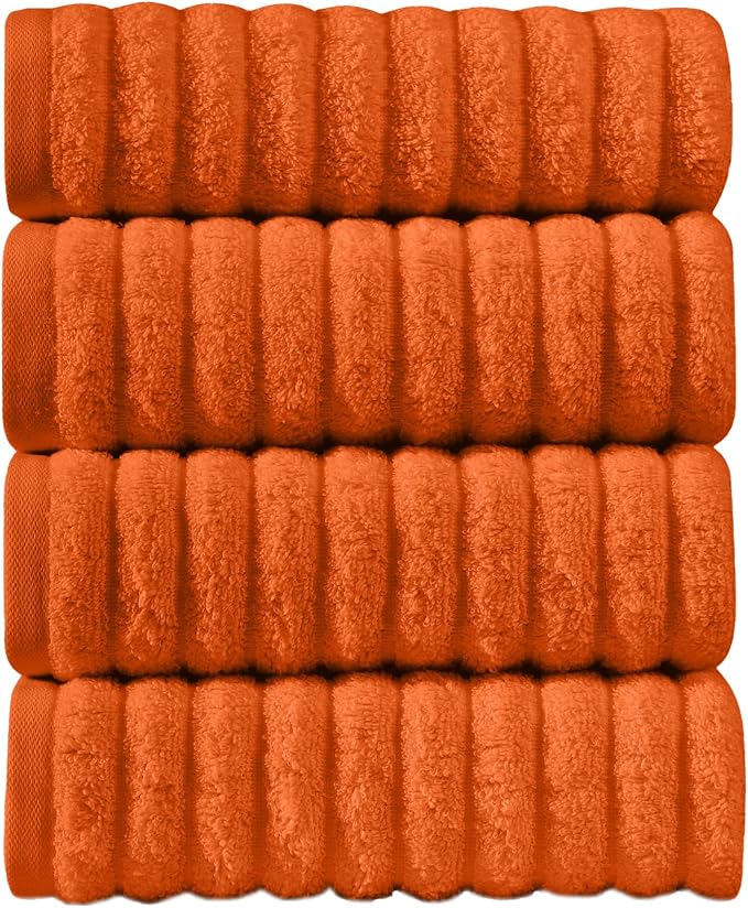 Elegant Comfort Luxury 100% Turkish Cotton Corduroy Ribbed 4 Pack Hand Towel Set 16 x 28 Inch - Absorbent, Super Soft, Quick Dry, Premium Towels for Bathroom, Gym, Spa and Hotel Use, Orange