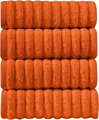 Elegant Comfort Luxury 100% Turkish Cotton Corduroy Ribbed 4 Pack Hand Towel Set 16 x 28 Inch - Absorbent, Super Soft, Quick Dry, Premium Towels for Bathroom, Gym, Spa and Hotel Use, Orange